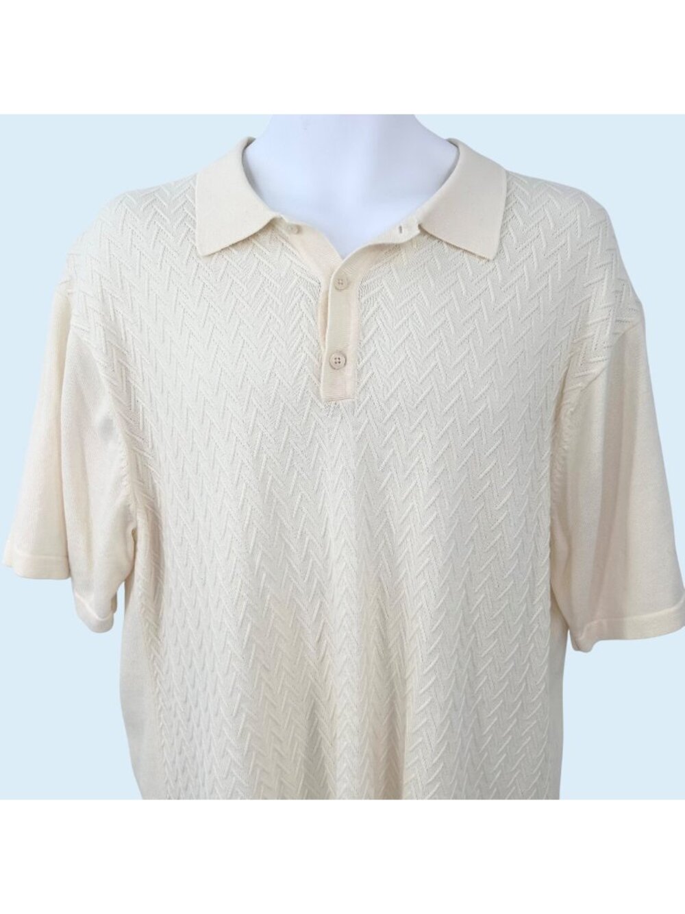 J. Ferrar Cream Textured Herringbone Knit Short Sleeve Collared Sweater - L